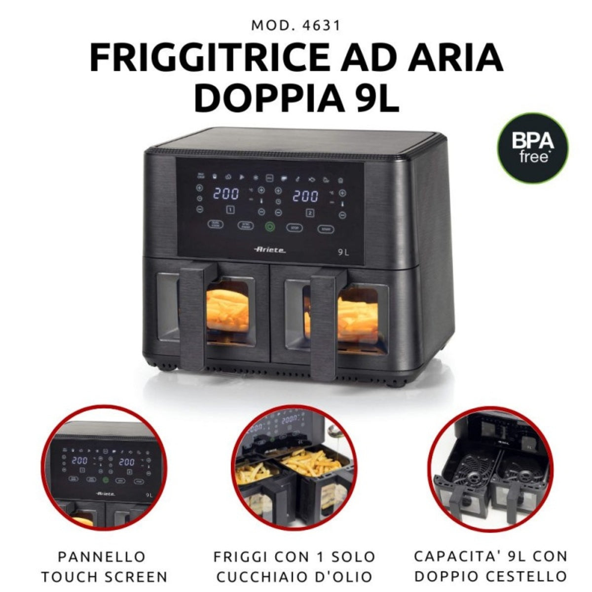 Ariete Dual Air Fryer 2400 Watts 9 Liters, Black - MOD4631