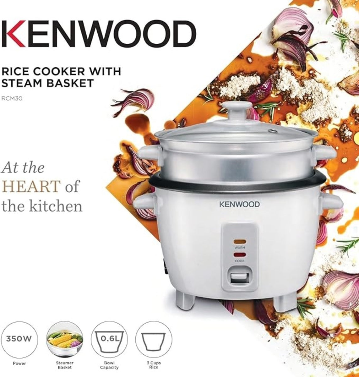 Kenwood 2-in-1 Rice Cooker 0.6L 3-Cups Rice with Food Steamer - White