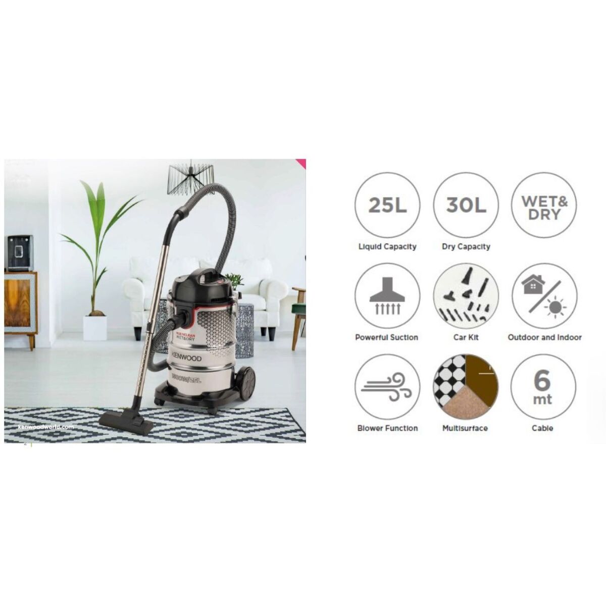 Kenwood Drum Wet & Dry Vacuum Cleaner 1500W 25L - Silver/Black