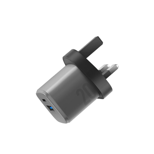 Energea Ampcharge 1-port USB-C and 1-port USB-A 20W GaN Wall Charger - Gunmetal