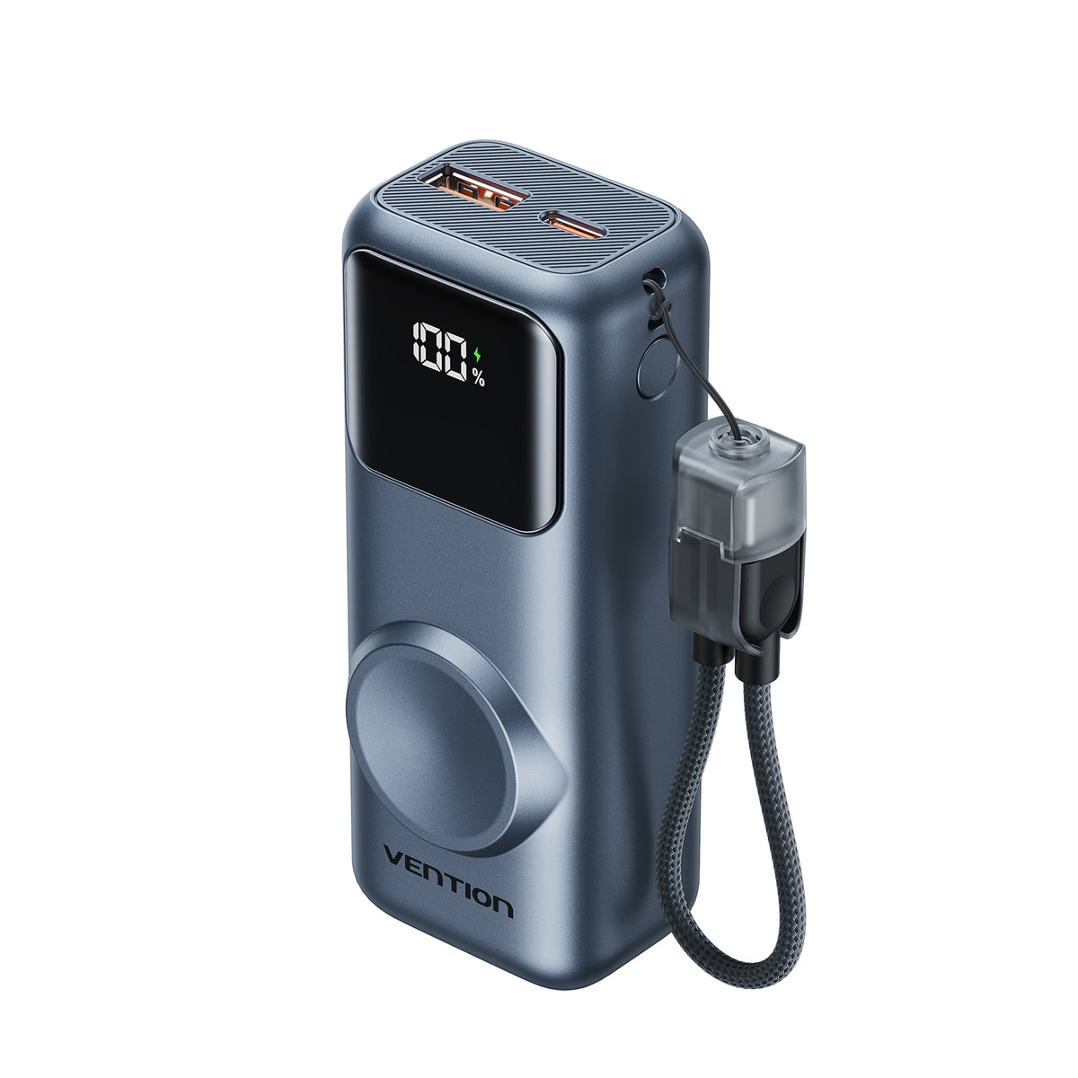 Vention Mini Power Bank with Built-in USB-C  Cable - 10000mAh / USB-C / USB-A / Grey