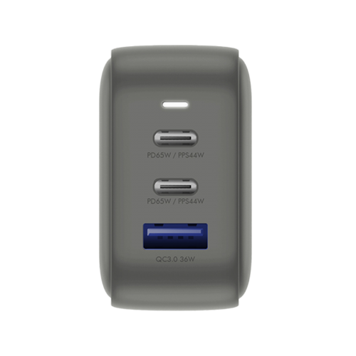 Energea TravelWorld 2-Port USB-C PD and 1-Port USB-A GaN 66W Travel Adapter - Gunmetal