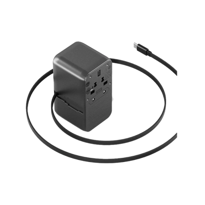 محول سفر أنيرجيا ترافل وورلد بثلاثة منافذ USB-C ومنفذ USB-A، مع كابل USB-C بطول 80 سم، بتقنية GaN، قدرة 85 واط، باللون الأسود جنميتال