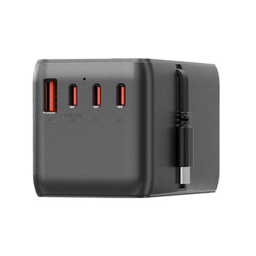 Energea TravelWorld 3-Port USB-C and 1-Port USB-A With 80CM USB-C Cable GaN 85W Travel Adapter - Gunmetal Black