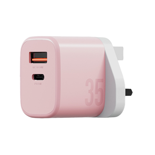 Bazic Go Port Velox Kit Bundle 1-Port USB-C & 1-Port USB-A PD 35W Wall Charger with Weave USB-C to USB-C 60W Cable - Peach Pink