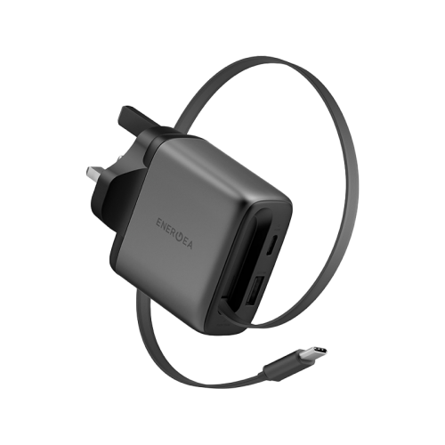 Energea Ampcharge Arc 65 1-Port USB-C, 1-Port USB-A & 1-USB-C Retractable Cable 65W GaN Wall Charger - Gunmetal