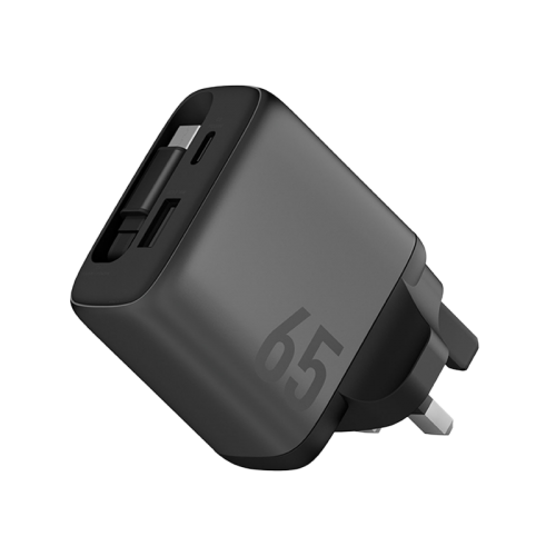Energea Ampcharge Arc 65 1-Port USB-C, 1-Port USB-A & 1-USB-C Retractable Cable 65W GaN Wall Charger - Gunmetal