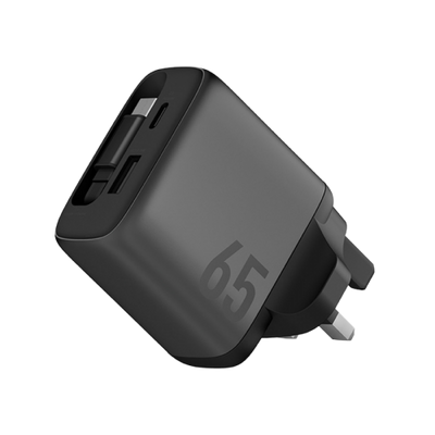 شاحن حائط إنرجيا أمب تشارج آرك 65 GaN بقدرة 65 واط مع منفذ USB-C واحد، ومنفذ USB-A واحد وكابل USB-C واحد قابل للسحب - رمادي معدني