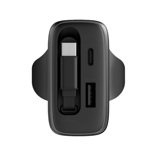 Energea Ampcharge Arc 65 1-Port USB-C, 1-Port USB-A & 1-USB-C Retractable Cable 65W GaN Wall Charger - Gunmetal