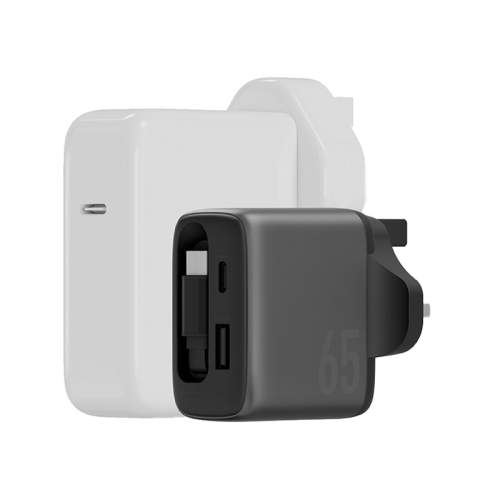 Energea Ampcharge Arc 65 1-Port USB-C, 1-Port USB-A & 1-USB-C Retractable Cable 65W GaN Wall Charger - Gunmetal