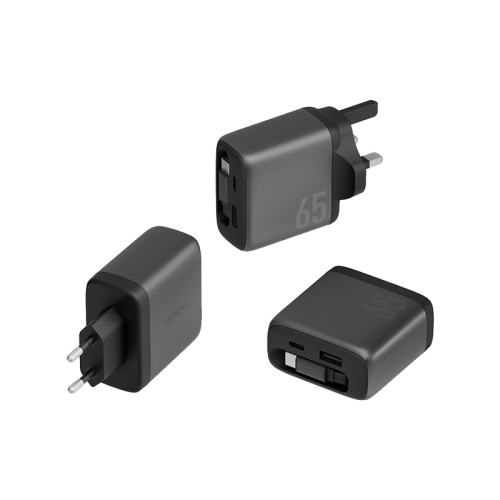 Energea Ampcharge Arc 65 1-Port USB-C, 1-Port USB-A & 1-USB-C Retractable Cable 65W GaN Wall Charger - Gunmetal