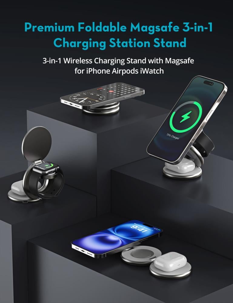 RAVPower RP-WC1008 Premium Foldable 3-in-1 Wireless Charger - 15W / Titanium