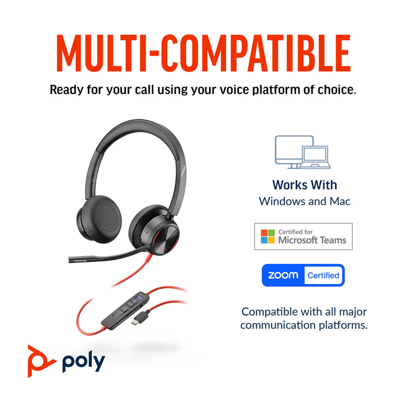 HP Poly Blackwire 8225 Stereo USB-C Headset - On-Ear / USB-C/A Adapter / (Microsoft Teams Certified)