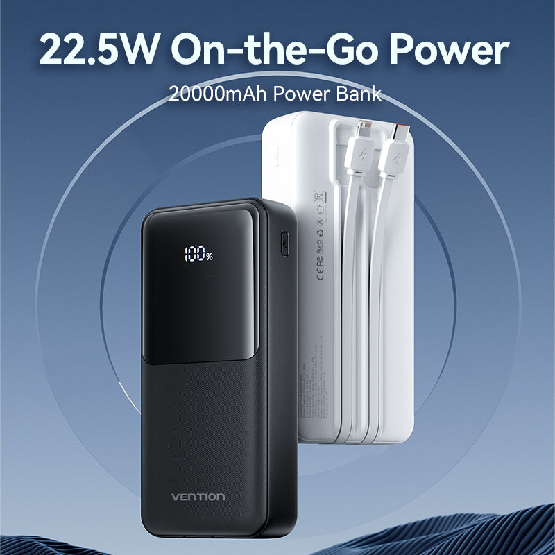 Vention Power Bank 20000mAh (Micro-USB + USB-C + USB-A + USB-A) with Built-in USB-C and Lightning Cables 22.5W - White