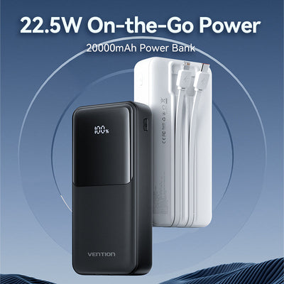 Vention Power Bank 20000mAh (Micro-USB + USB-C + USB-A + USB-A) with Built-in USB-C and Lightning Cables 22.5W - White