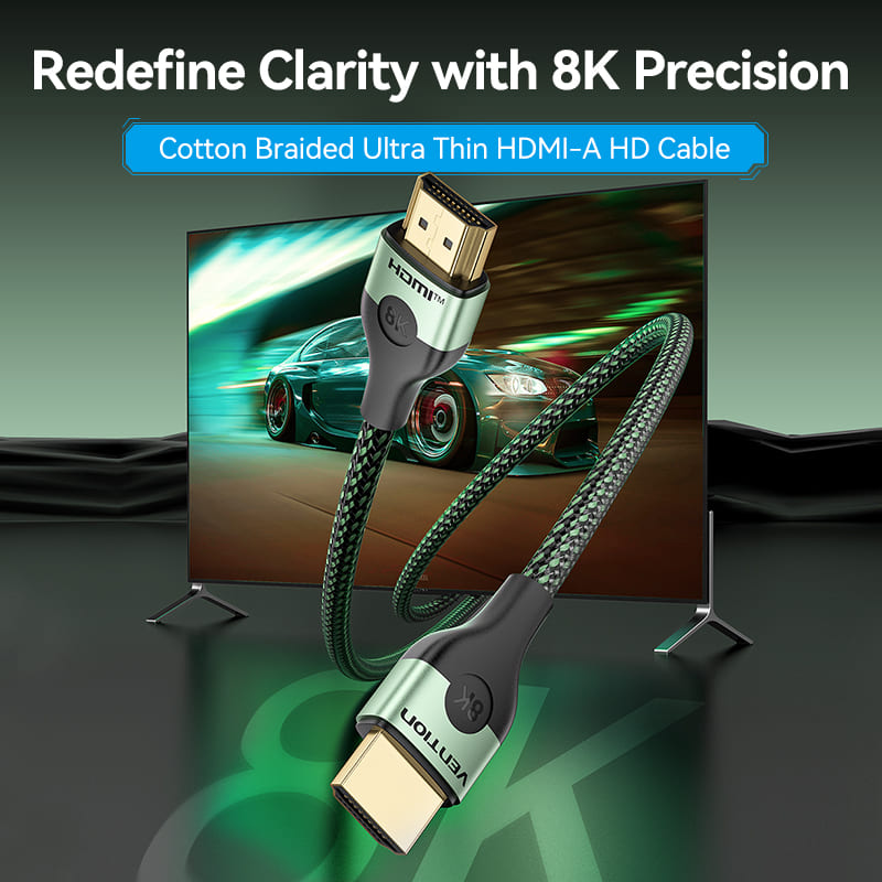 Vention Cotton Braided Ultra Thin HDMI-A Male to Male HD Cable 8K 2M Aluminum Alloy Type - Green