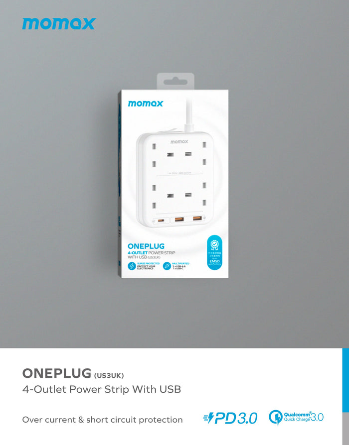 MOMAX OnePlug 4 Outlet Power Strip - USB-A / USB-C / 2 Meter / White