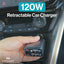 Engage 120W 4In1 Car Charger W/Retractable Cables (Usb-C/Lightning) & Usb Ports