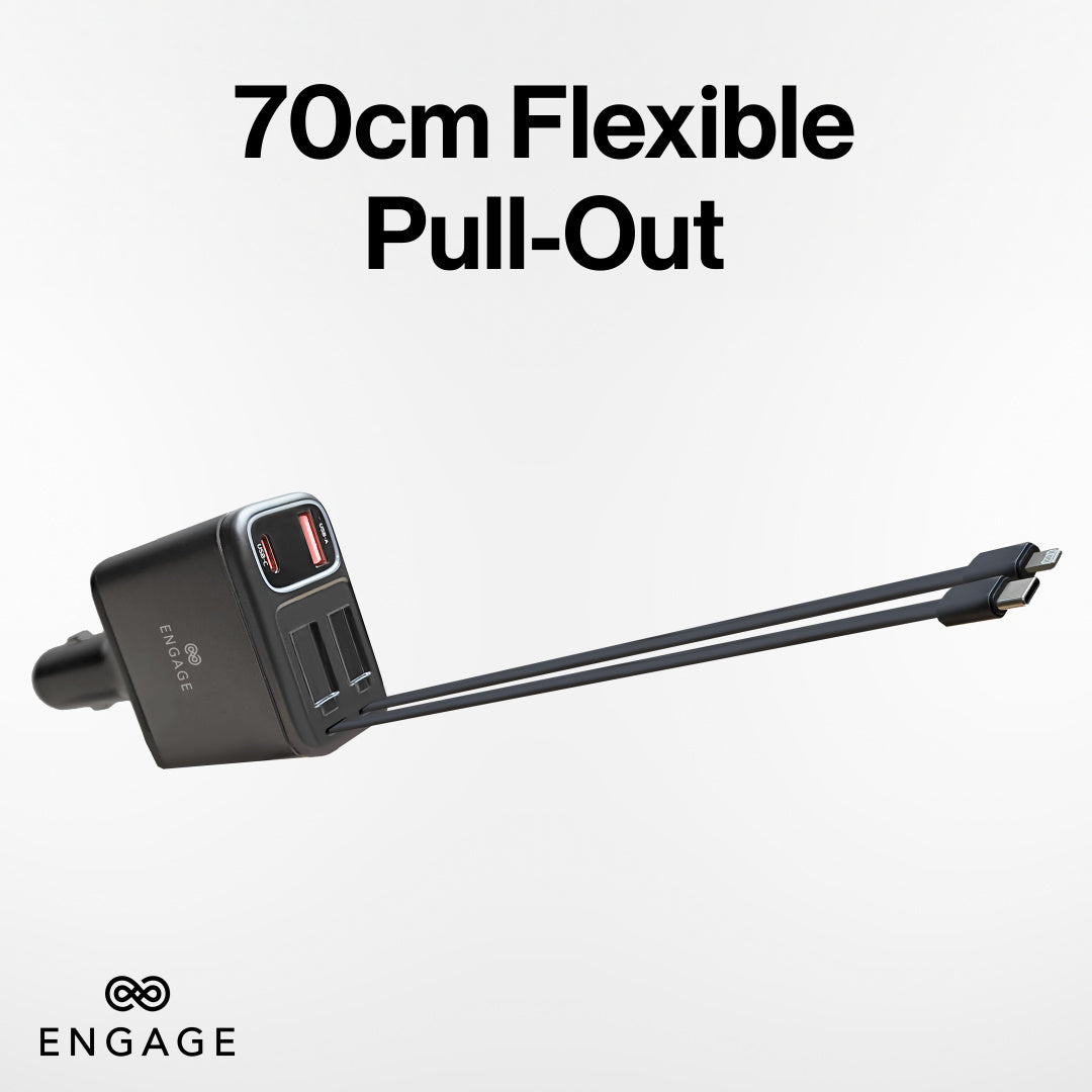 Engage 120W 4In1 Car Charger W/Retractable Cables (Usb-C/Lightning) & Usb Ports
