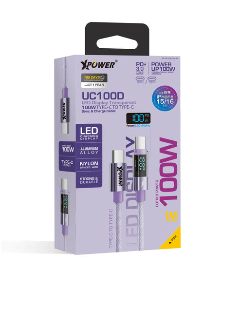 XPower UC100D LED Display Sync & Charge Cable - 100W / USB-C / 1 Meter / Purple