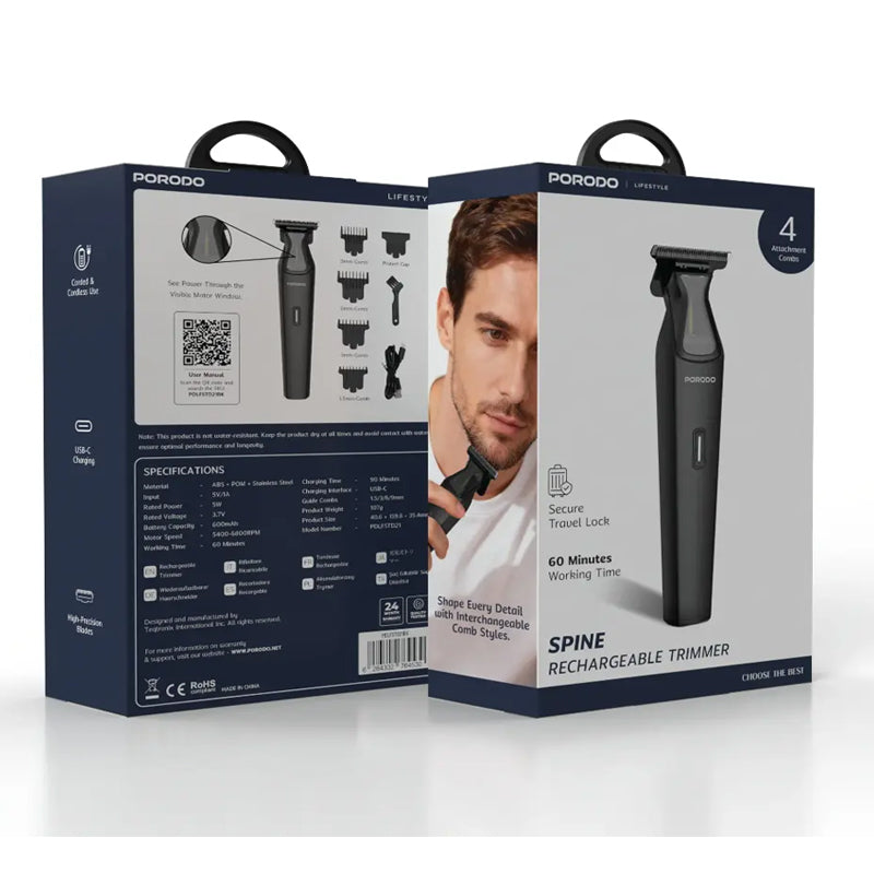 Porodo Lifestyle Spine Rechargeable Trimmer - Black