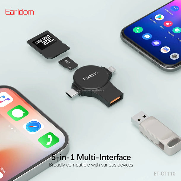 Earldom OT110 5-n-1 Card Reader - SD Card / Micro SD /  Type-C / Lighting / USB-A/ Black