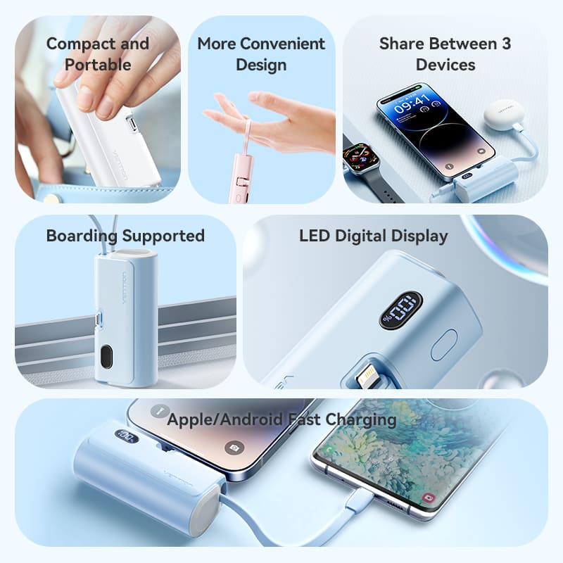 Vention Power Bank LED Display 4800mAh (USB-C + Lightning + USB-C) 22.5W Foldable USB-C Type - White