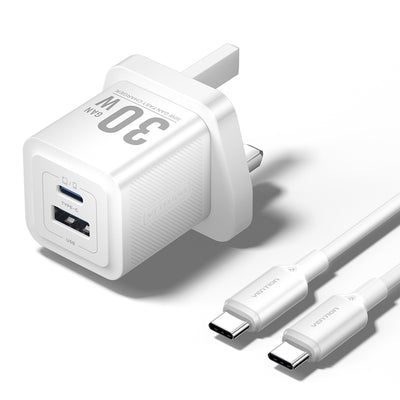 Vention 2-Port GaN Charger with Cable - 30W / USB-C / White