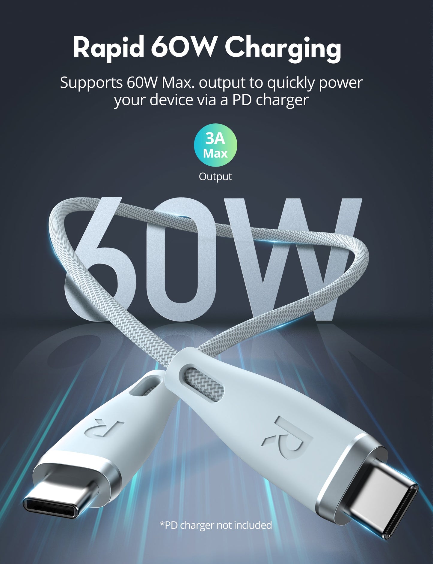RAVPower RP-CB1037 USB-C Cable - 60W / 1.2 Meter /  3A / Light Blue