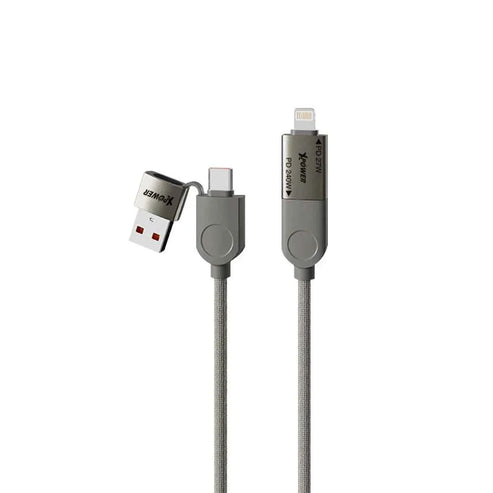 XPower MF240 Zinc Alloy Sync & Charge Cable - 240W / USB-C / USB-A / Lightning / 1.2 Meter / Titanium