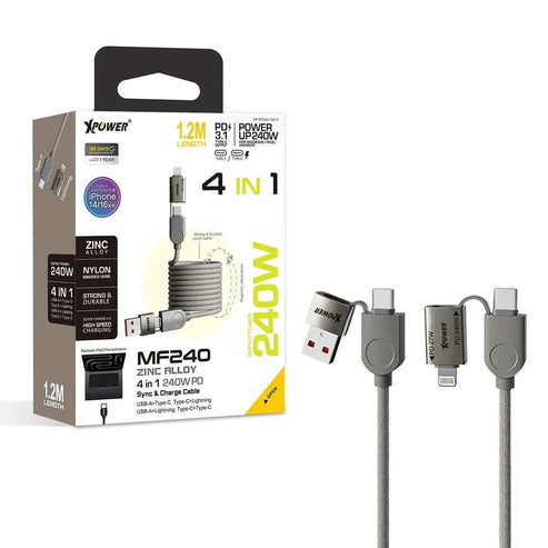XPower MF240 Zinc Alloy Sync & Charge Cable - 240W / USB-C / USB-A / Lightning / 1.2 Meter / Titanium