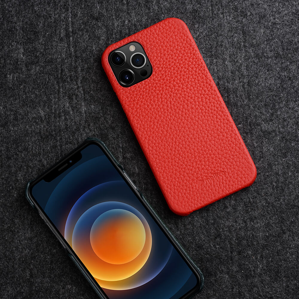 Melkco Back Snap Series Lai Chee Pattern Premium Leather Snap Cover Case - Apple iPhone 12 Pro Max / Red Accessories >