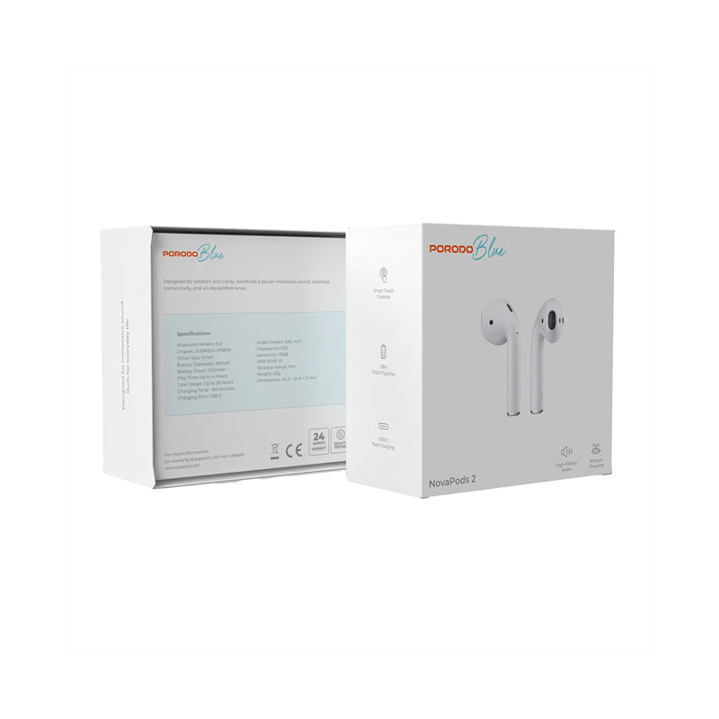 Porodo Blue NovaPods 2 Wireless Earbuds - White