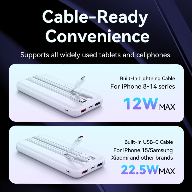 Vention Power Bank 10000mAh (Micro-USB + USB-C + USB-A + USB-A) with Built-in USB-C and Lightning Cables 22.5W - White