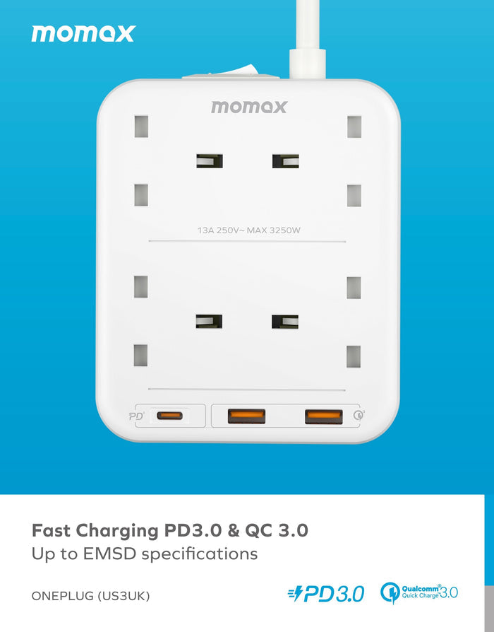 MOMAX OnePlug 4 Outlet Power Strip - USB-A / USB-C / 2 Meter / White