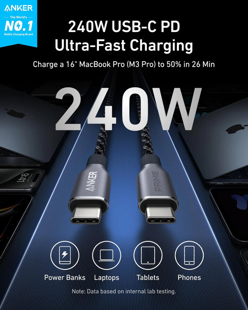 Anker Prime Cable - 3ft / 240W / USB-C to USB-C / Black