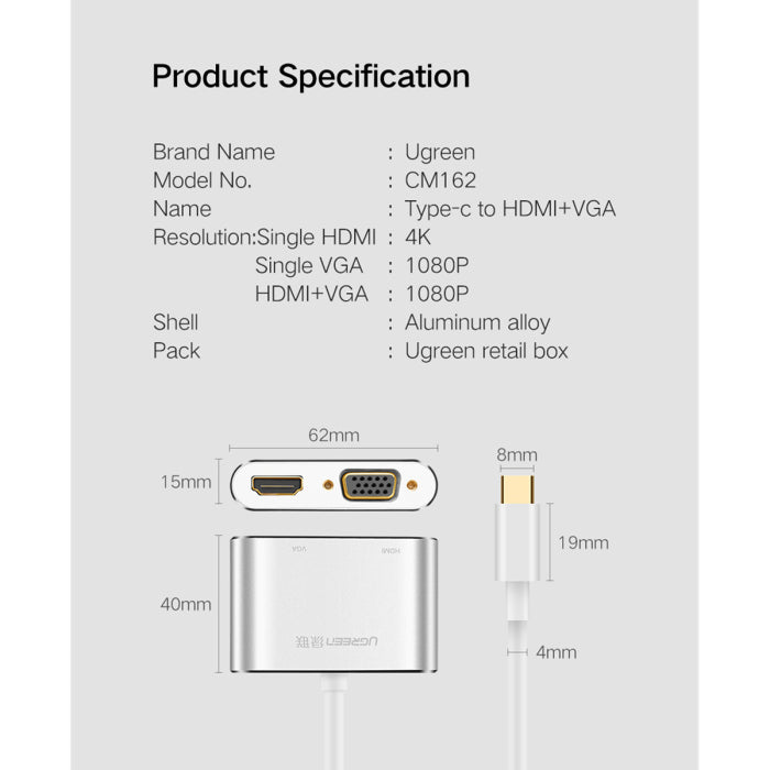 UGREEN USB Type C to HDMI + VGA Converter - White