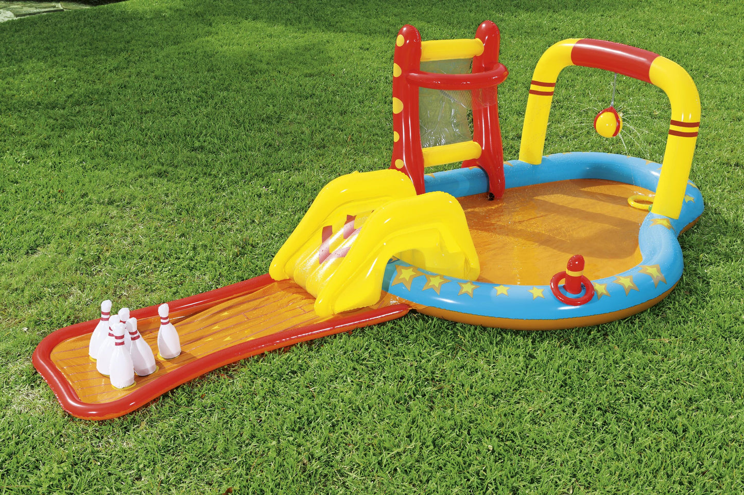 Bestway 4.35m x 2.13m x 1.17m lil' champ play center (one pool,one slide,six bowling pins,one basketball stand,two inflatable rings,4 play balls,repair patch.) age 2+