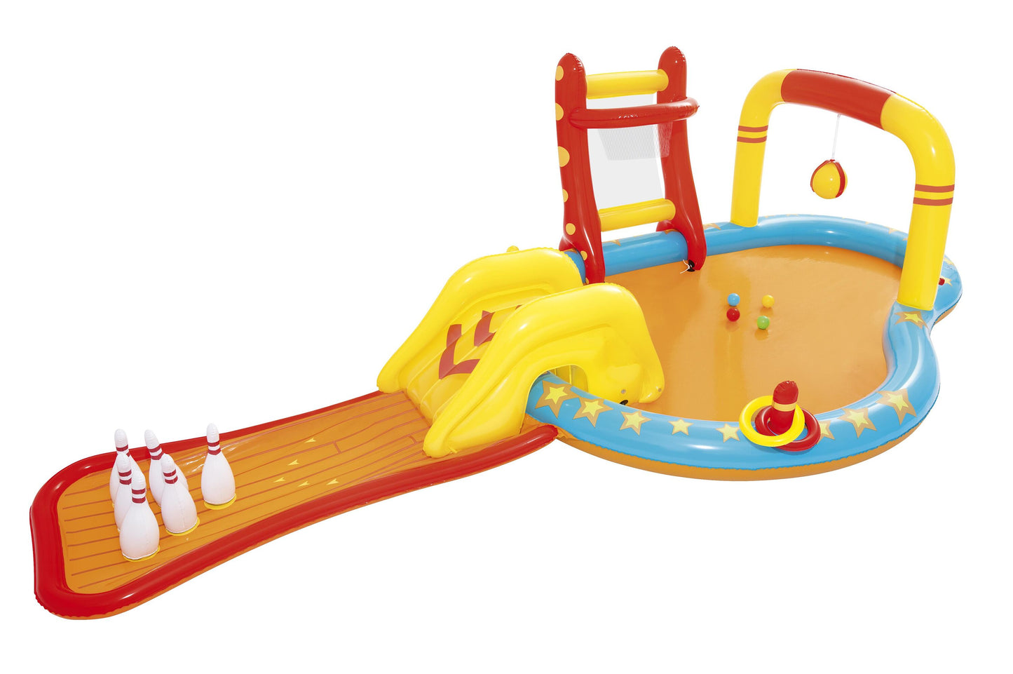 Bestway 4.35m x 2.13m x 1.17m lil' champ play center (one pool,one slide,six bowling pins,one basketball stand,two inflatable rings,4 play balls,repair patch.) age 2+