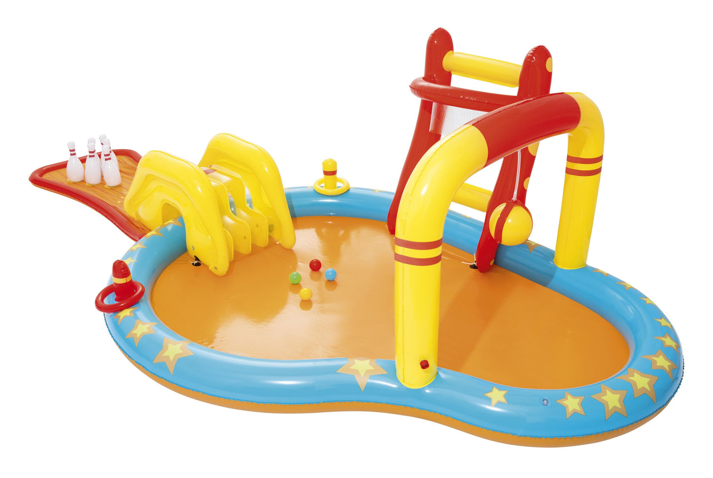 Bestway 4.35m x 2.13m x 1.17m lil' champ play center (one pool,one slide,six bowling pins,one basketball stand,two inflatable rings,4 play balls,repair patch.) age 2+