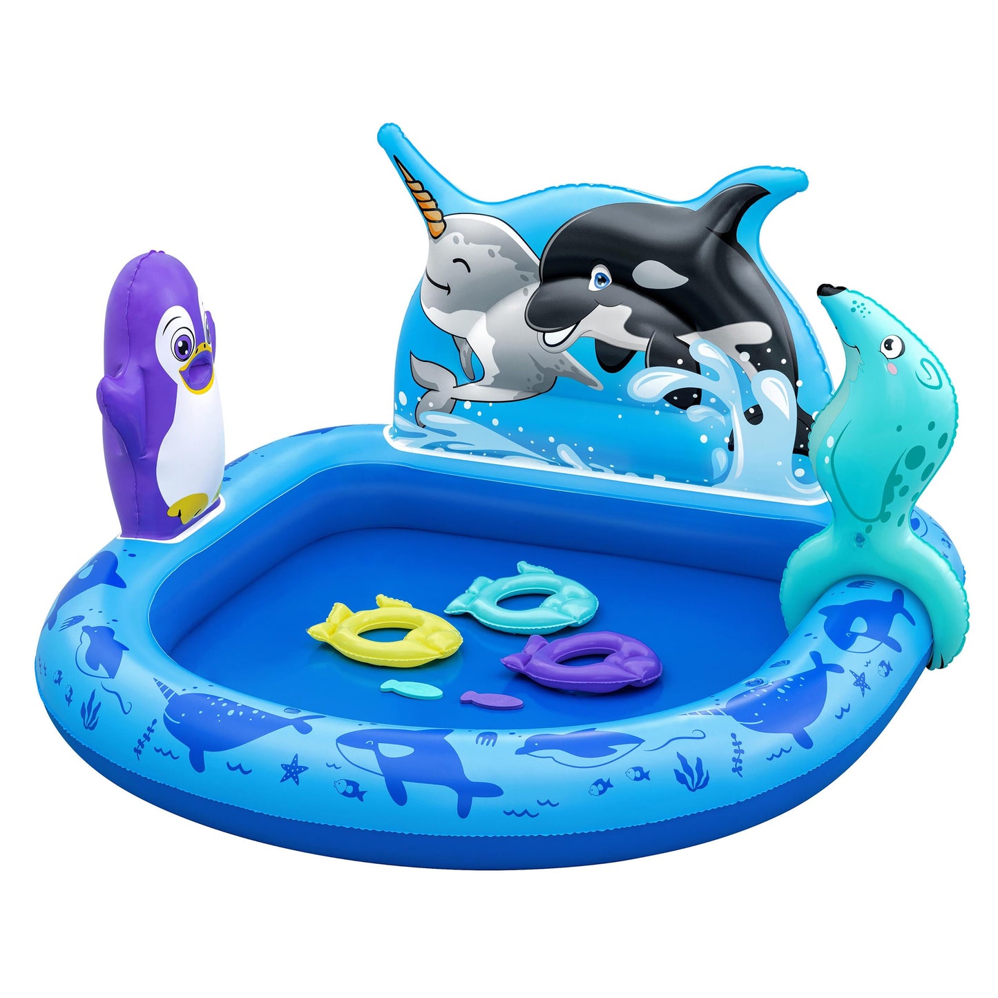 Bestway 1.34m x 1.31m x 73cm polar pals play center (1 play center, 3 fish rings, 2 eva fish, repair patch,1 inflatable seal.) age 2+