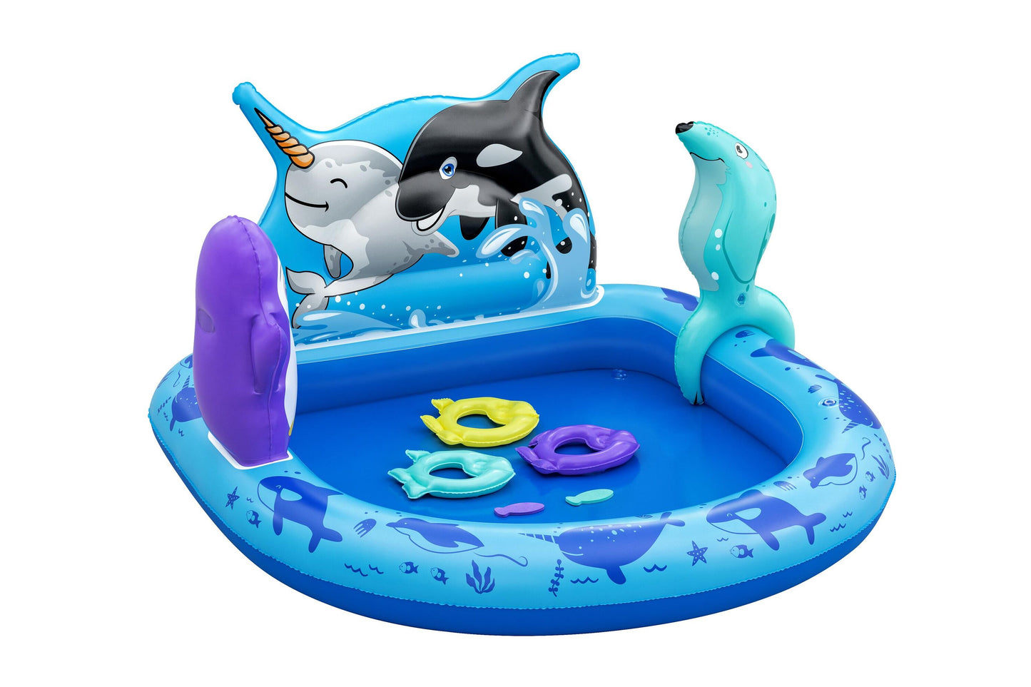 Bestway 1.34m x 1.31m x 73cm polar pals play center (1 play center, 3 fish rings, 2 eva fish, repair patch,1 inflatable seal.) age 2+
