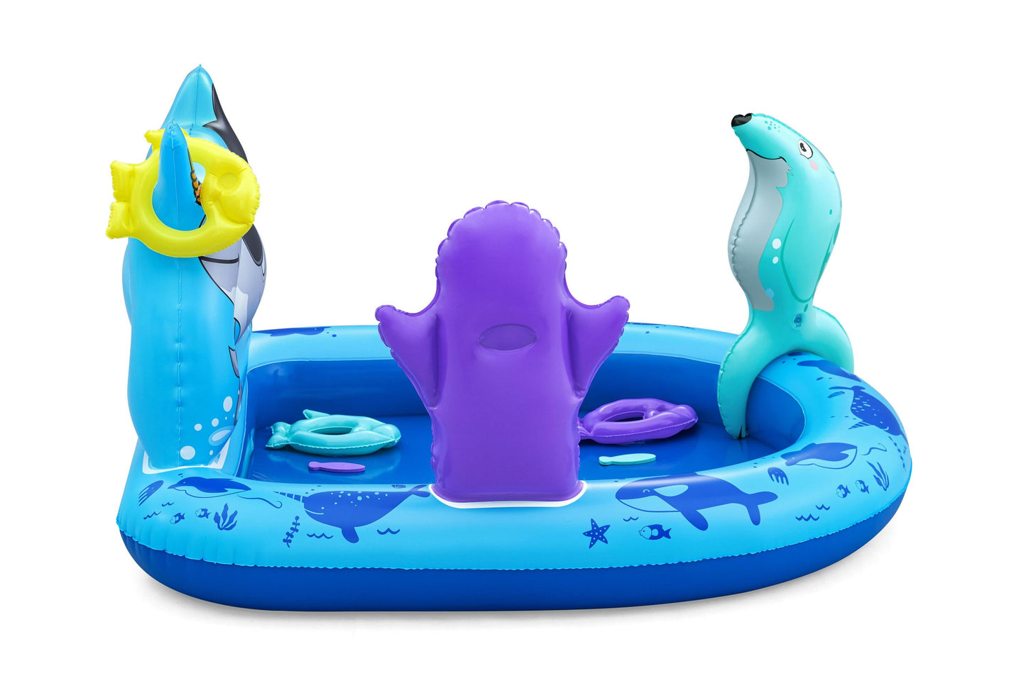Bestway 1.34m x 1.31m x 73cm polar pals play center (1 play center, 3 fish rings, 2 eva fish, repair patch,1 inflatable seal.) age 2+