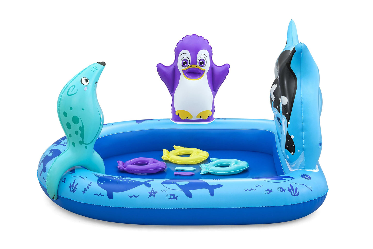 Bestway 1.34m x 1.31m x 73cm polar pals play center (1 play center, 3 fish rings, 2 eva fish, repair patch,1 inflatable seal.) age 2+