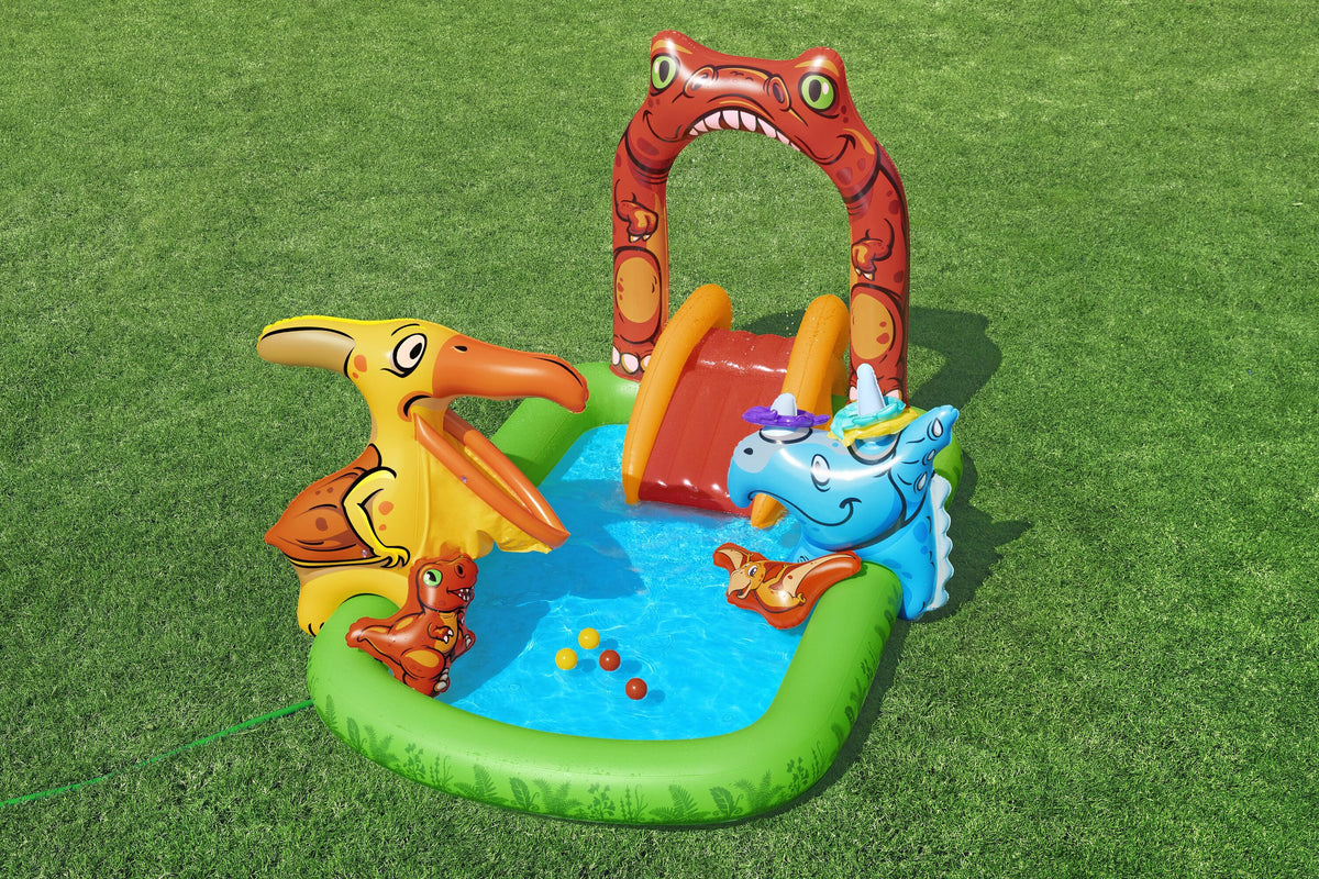 Bestway 2.41m x 1.40m x 1.37m jurassic splash play center (1 pool, 3 fish shaped rings,1 triceratops ring target, 1 pteranodon ball catch, 1 pteranodon, 1 t-rex, 4 play balls, repair patch.) age 2+