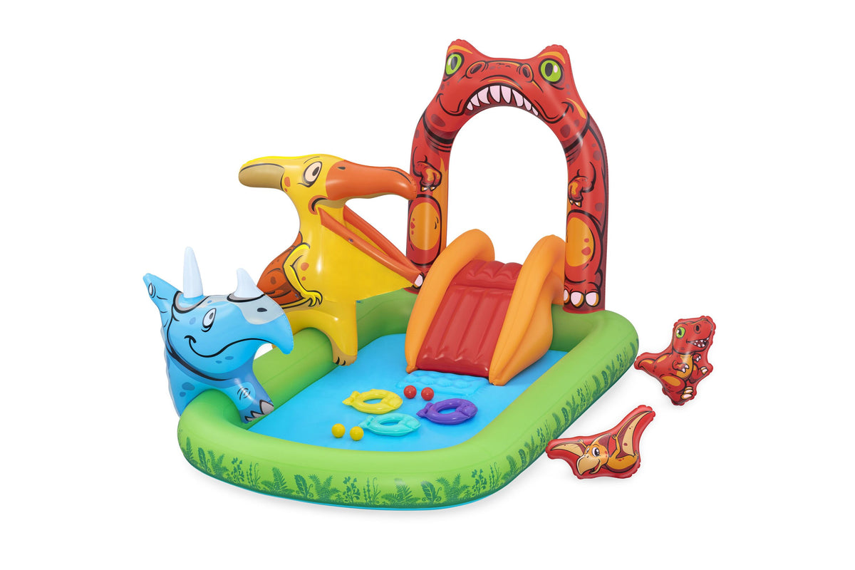 Bestway 2.41m x 1.40m x 1.37m jurassic splash play center (1 pool, 3 fish shaped rings,1 triceratops ring target, 1 pteranodon ball catch, 1 pteranodon, 1 t-rex, 4 play balls, repair patch.) age 2+