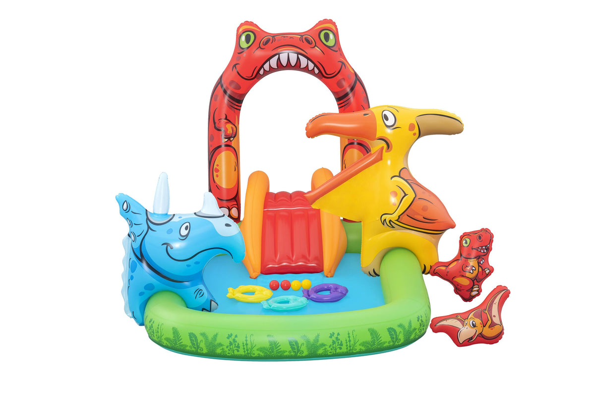 Bestway 2.41m x 1.40m x 1.37m jurassic splash play center (1 pool, 3 fish shaped rings,1 triceratops ring target, 1 pteranodon ball catch, 1 pteranodon, 1 t-rex, 4 play balls, repair patch.) age 2+