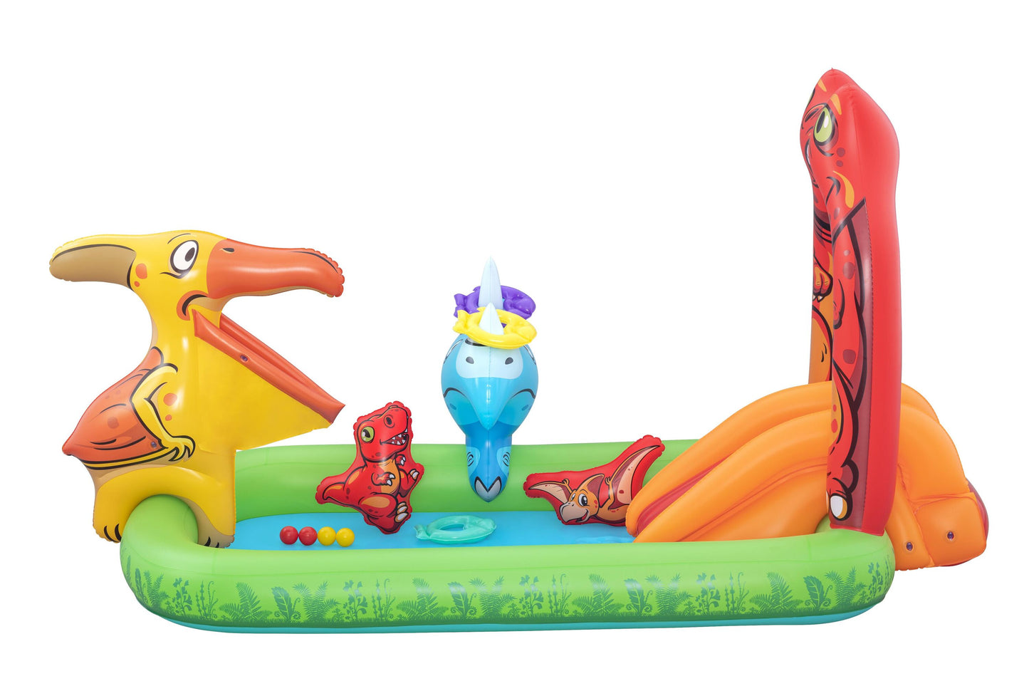 Bestway 2.41m x 1.40m x 1.37m jurassic splash play center (1 pool, 3 fish shaped rings,1 triceratops ring target, 1 pteranodon ball catch, 1 pteranodon, 1 t-rex, 4 play balls, repair patch.) age 2+