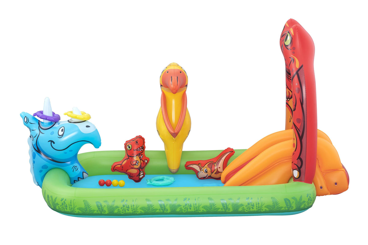 Bestway 2.41m x 1.40m x 1.37m jurassic splash play center (1 pool, 3 fish shaped rings,1 triceratops ring target, 1 pteranodon ball catch, 1 pteranodon, 1 t-rex, 4 play balls, repair patch.) age 2+