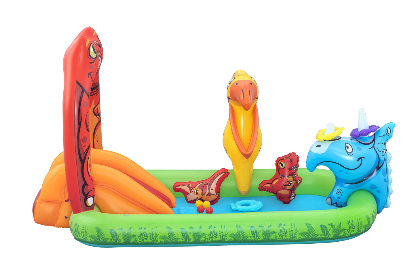 Bestway 2.41m x 1.40m x 1.37m jurassic splash play center (1 pool, 3 fish shaped rings,1 triceratops ring target, 1 pteranodon ball catch, 1 pteranodon, 1 t-rex, 4 play balls, repair patch.) age 2+